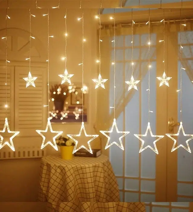 Stars LED Curtain Star Shape Lights with 8 Flashing Modes, Gold, 2.5 m 12 Stars Hanging Decoration/Diwali Light