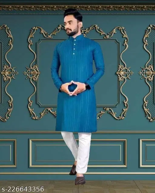 Mandarin Neck Kurta for Men (Blue, M)