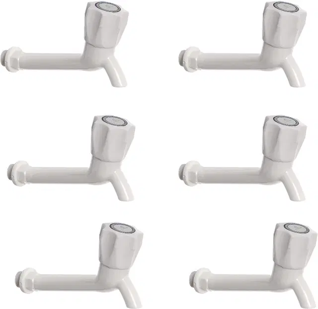 Plastic Long Body Bib Cock Tap with Wall Flange, White, Set of 6