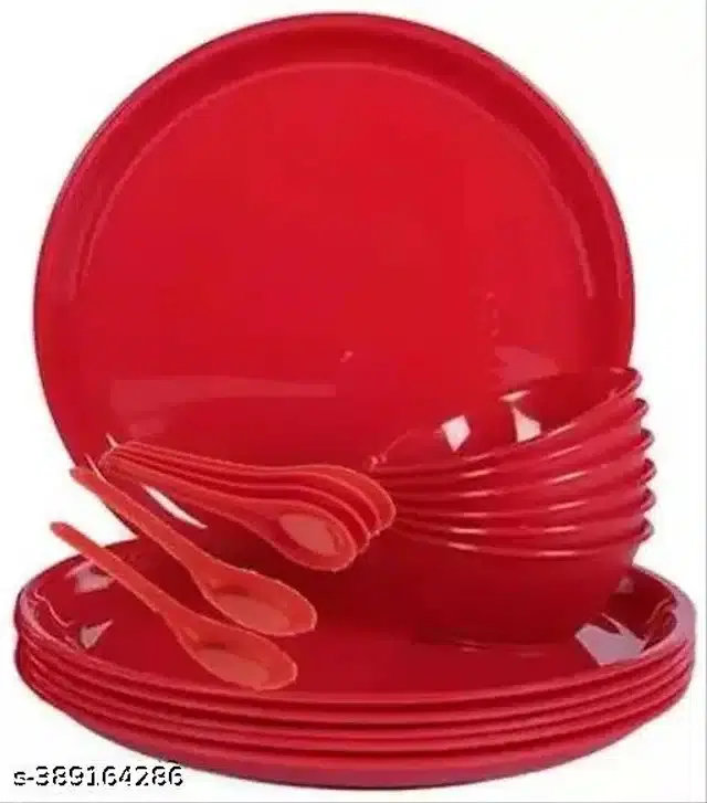 Plastic 6 Pcs Plates with 6 Pcs Spoons & 6 Pcs Bowls, 250 ml, Red, Set of 3