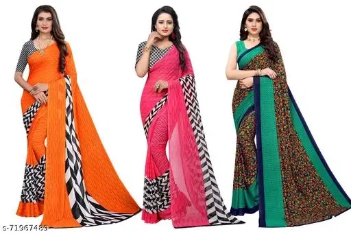 Georgette Saree Combo Pack of 3 for Women (Orange, Free Size)