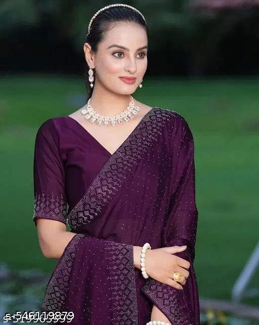 Organza Solid Saree For Women, Purple