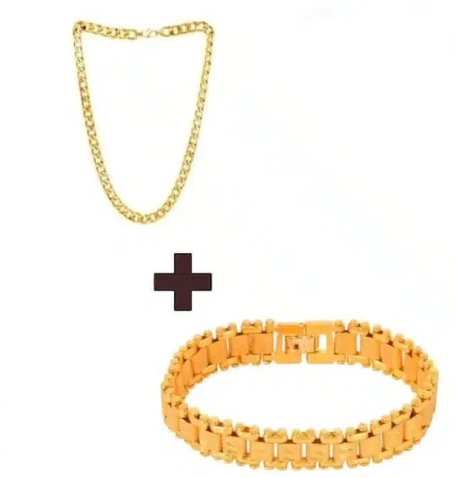 Designer Chain with Bracelet for Men & Boys, Set of 2 (Gold)