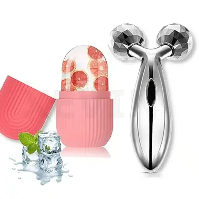Manual 3D Facial Massage Roller with Reusable Ice Massage Roller, Multicolour, Set of 2