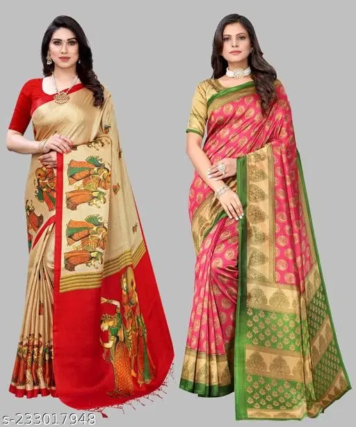 Art Silk Printed Saree for Women, Pack of 2, Multicolor (6.3 m)