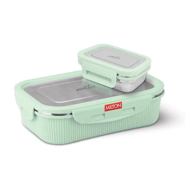 Milton Cool Touch Epic 800 Stainless Steel Tiffin, Set Of 2 (780 ml,180 ml), Aqua Green, Microwave Safe, Food Grade, Bpa Free, Refrigerator Safe