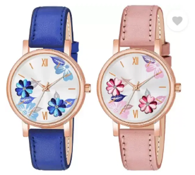 Leather Strap Analog Watch for Women & Girls, Pack of 2 (Multicolor)