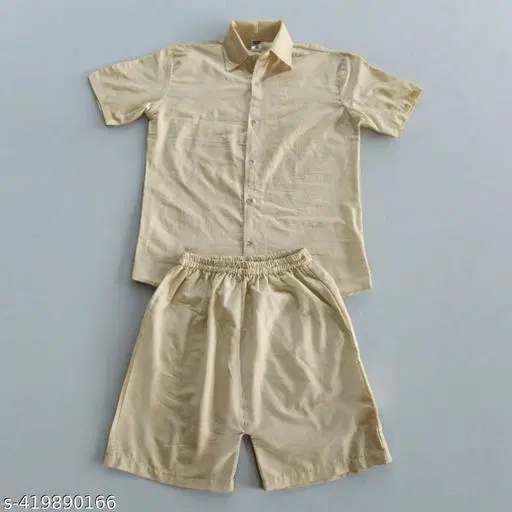 Cotton Solid Top & Bottom Set for Men (Beige, S)