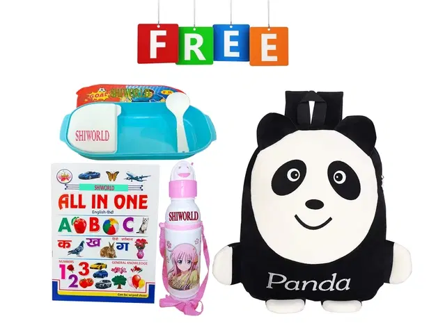 Combo of Fabric School Bag, Water Bottle, Lunch Box with All in One Book for Kids, Multicolor, Set of 4