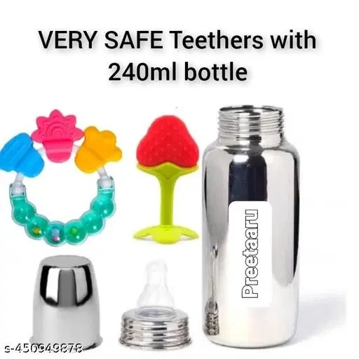 Steel Feeding Bottle With Rattle Teethe .Safe Silicone Rattle Teether And Safe Feeding Bottle