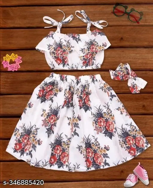 Rayon Printed Clothing Set for Girls, White, Pack of 1 (0-2 Months)