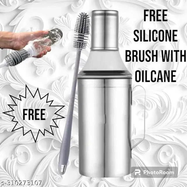 Oil Bottle with Handle & Cleaning Brush with Cleaning Brush, Set of 2, Silver, 1000 ml