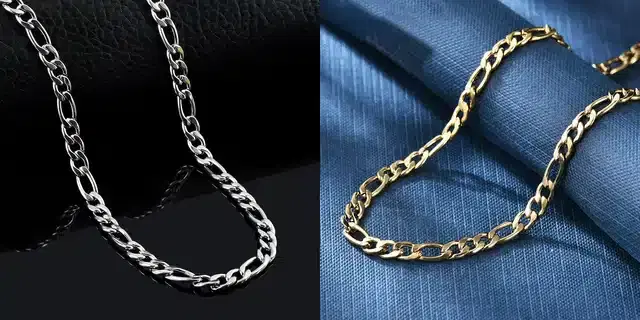 Designer Stainless Steel Chains for Men & Boys, Pack of 2 (Gold & Silver)