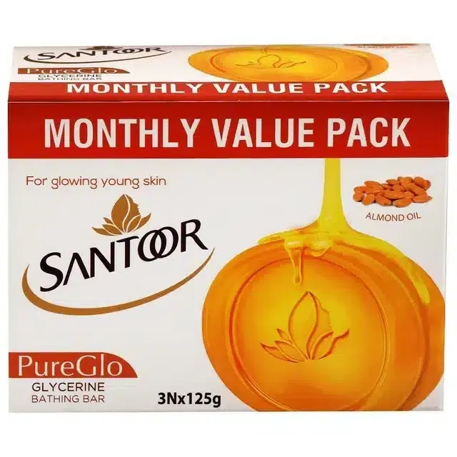 Santoor PureGlo Glycerine Almond Oil Soap 125 g (Pack of 3)
