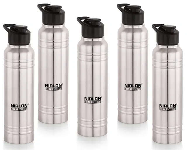 Nirlon Polo Sport Flip Single Wall Stainless Steel Bottle With Flip Cap, Set Of 5, 1000Ml|Silver|100% Leak Proof|Office Bottle|Gym Bottle |Hiking |Treking Bottle|Travel Bottle|Fridge Bottle