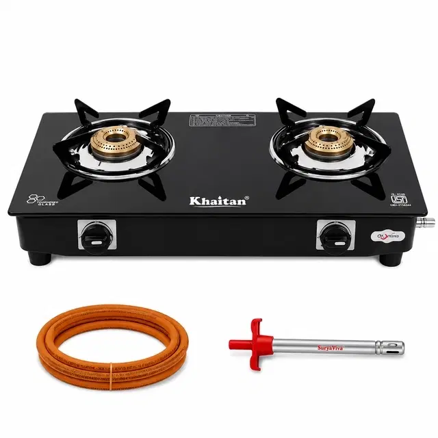 Khaitan Combo 2 Burner Bp-nano Ms Black [with Hf Lighter + Hf Hose Pipe] Toughenend Glass Manual Gas Stove [2 Burners]