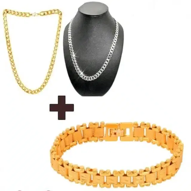 Designer 2 Pcs Chain with Bracelet for Men & Boys, Set of 2 (Gold & Silver)