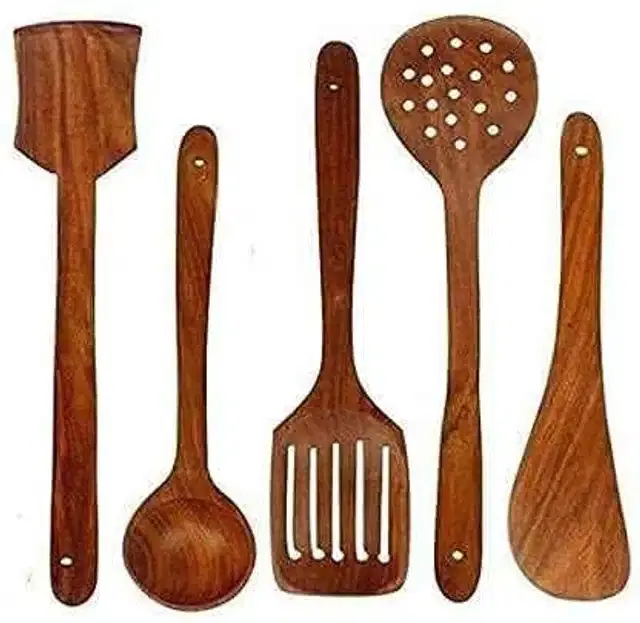 Wooden Cooking & Serving Spoons, Brown, Set of 5