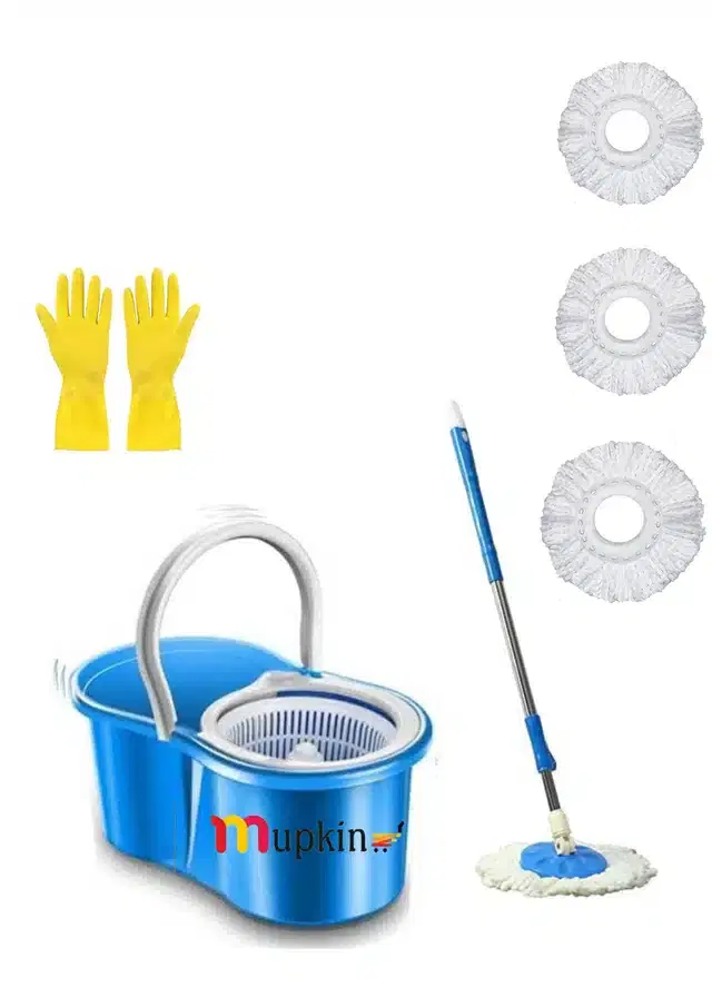 PVC Magic Spin Bucket Mop with 4 Refills & Cleaning Gloves Set, Blue, Set of 2