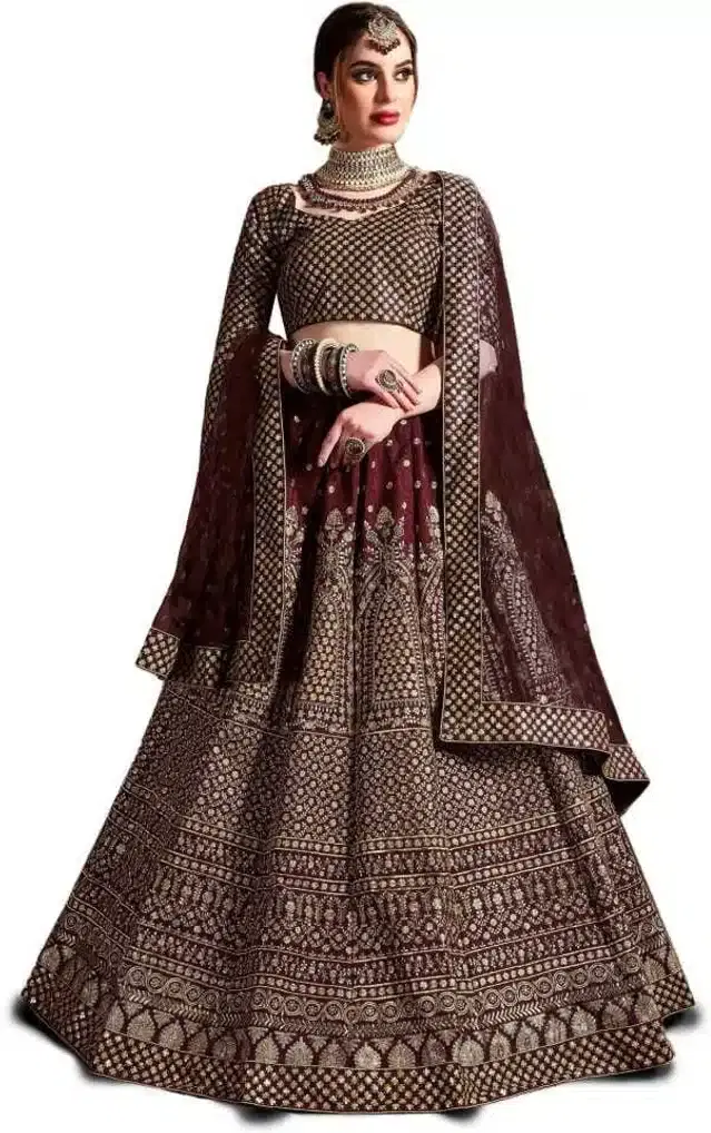 Silk Embroidered Lehenga Choli for Women (Maroon, Free Size)