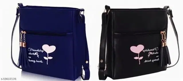 PU Sling Bag for Women, Pack of 2 (Navy Blue & Black)