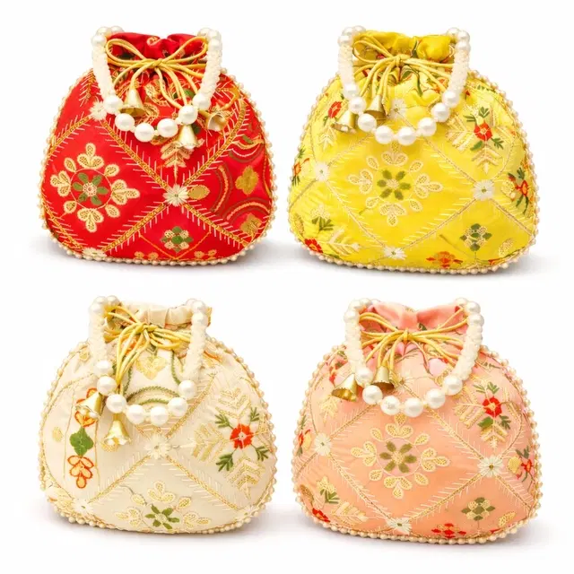 Handcrafted Embroidered Silk Potli Bag, Multicolour, Pack of 4
