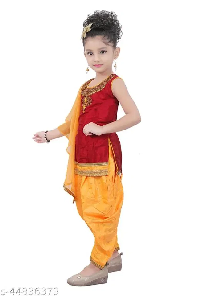 Poly Silk Kurta Sets for Girls (Red & Yellow, 3-4 Years)