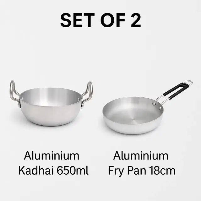 2 Pc Combo Set of Aluminium Kadhai 650ml & Aluminium Fry Pan 18cm
