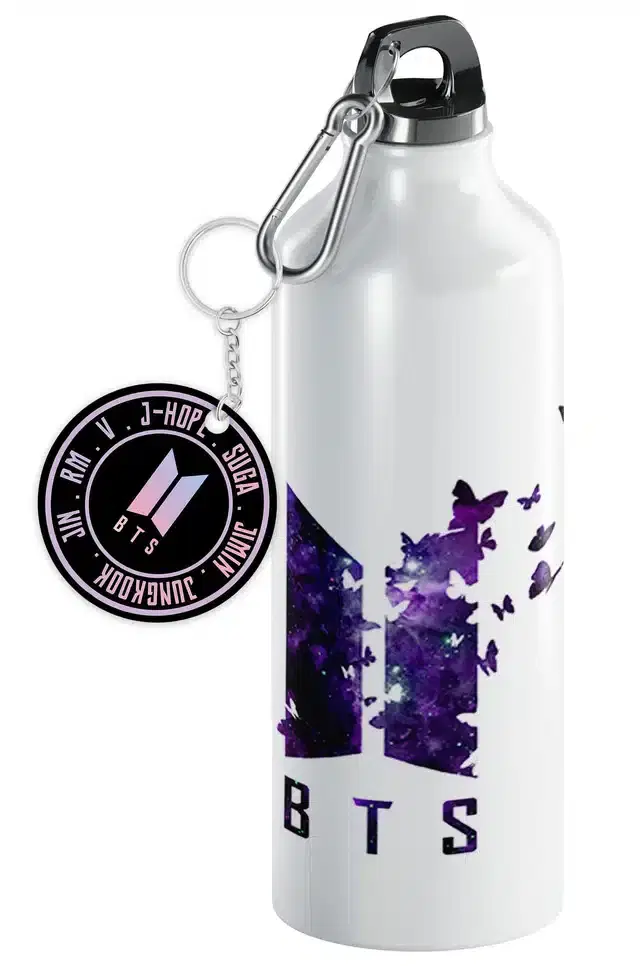 BTS Army Logo Aluminium Printed Sipper Bottle with Keychain, Pack of 2, Multicolor, 750 ml, Gt-122