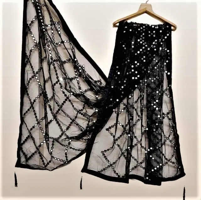 Net Self-Design Dupatta for Women (Black, 2.2 m)