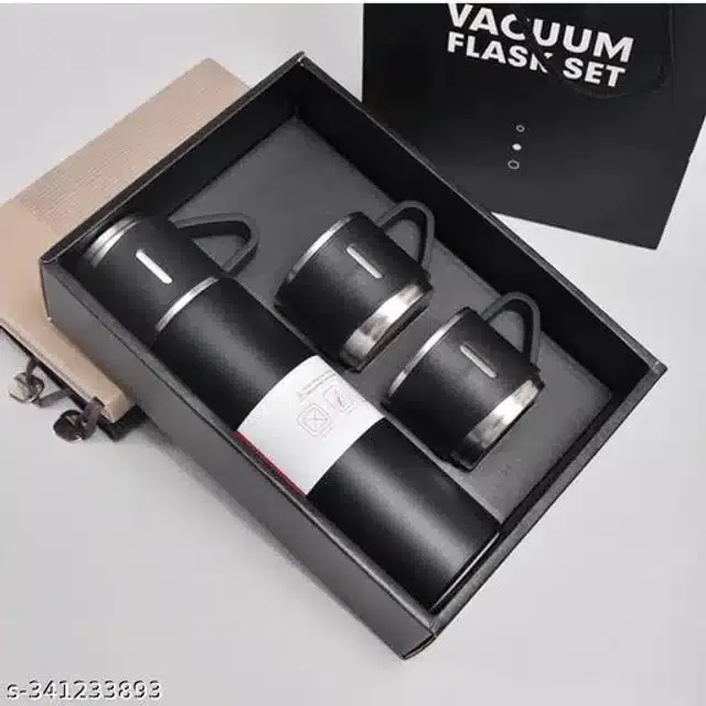 Stainless Steel Water Bottle with 2 Pcs Cups, Black, Set of 2