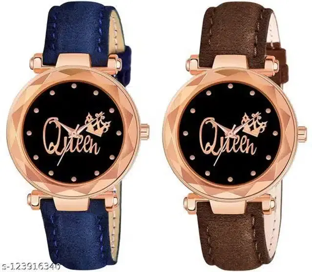 Analog Watch for Women, Pack of 2 (Navy Blue & Brown)