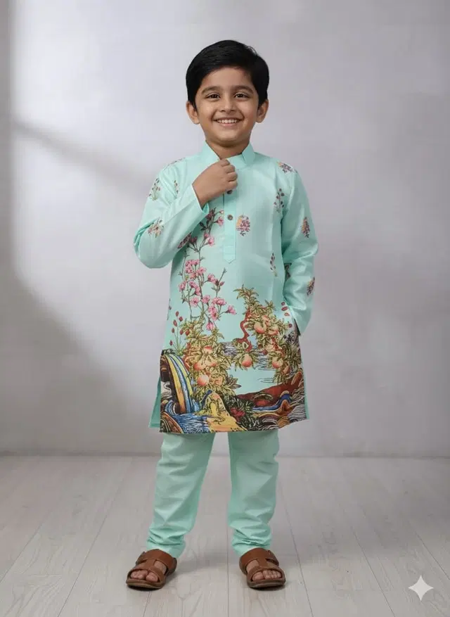 Silk Blend Printed Kurta & Payjama Set For Boys, Green (7 - 8 Years)