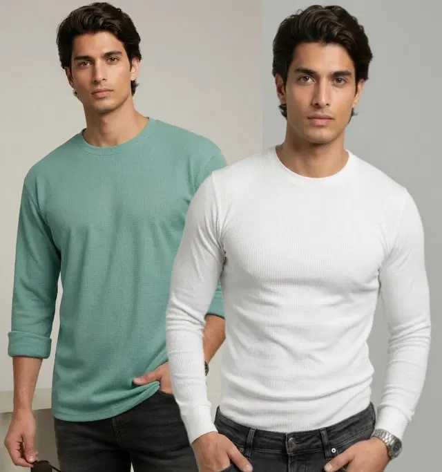 Polyester T-shirt for Men, Aqua & White, Pack of 2 (M)