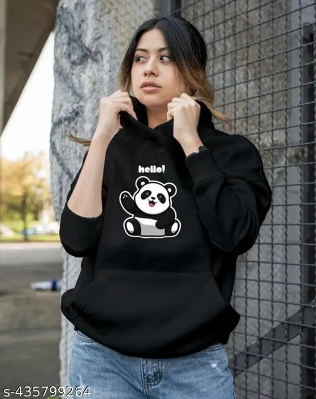 Fleece Printed Hoodie for Women (Black, L)