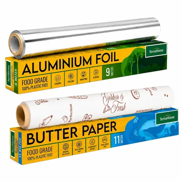 TerraHome Aluminium Foil 9m and TerraHome OGR Butter Paper 11m [With in-built Cutter] [Pack of 2]