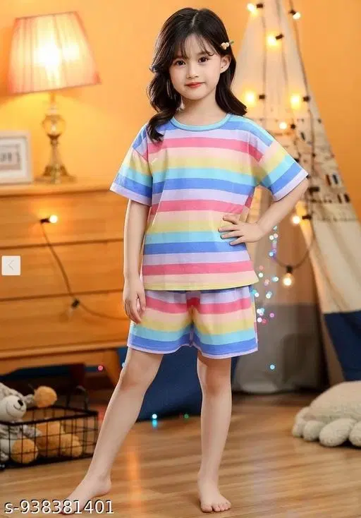 Cotton Blend Night Suit for Girls (Multicolor, 6-9 Months)