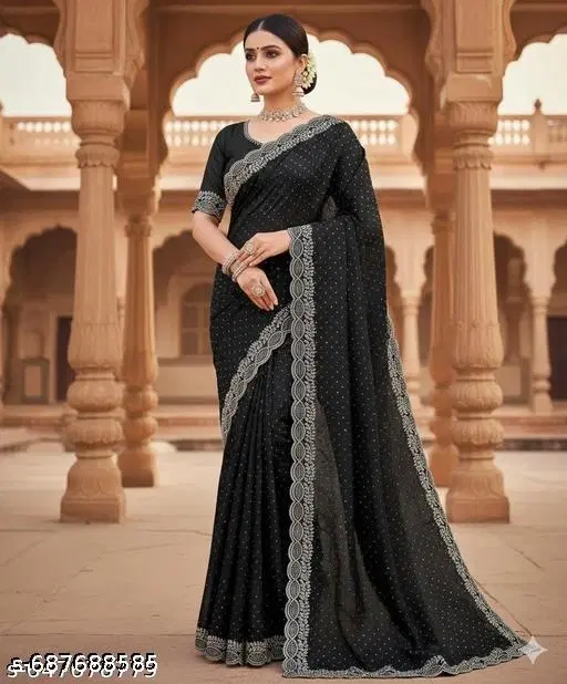 Poly Georgette Solid Saree For Women, Black