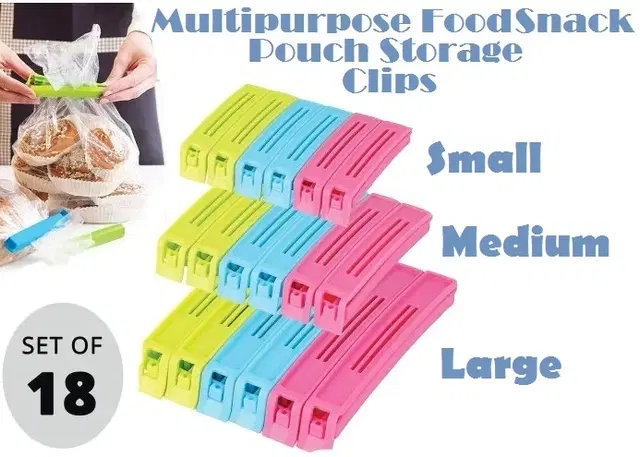 Plastic Food Bags Airtight Vaccum Sealer Clips, Multicolor, Set of 18