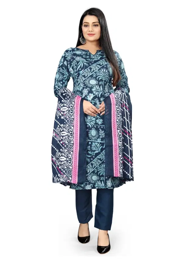 Cotton Blend Printed Unstitched Suit with Dupatta for Women, Blue