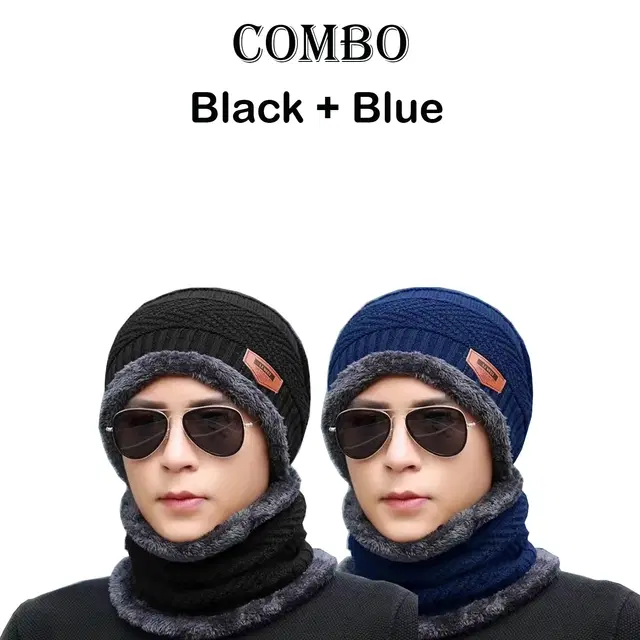 Woolen Fur Winter Cap with Neck Warmer for Men Pack of 2, Black & Blue (Free Size)
