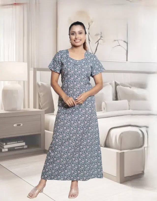 100% Cotton Floral Print Nightdress for Women, Grey (Free )