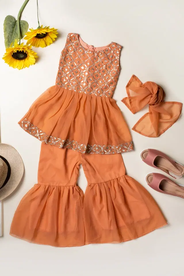 Georgette Embroidered Kurti with Sharara & Dupatta for Girls (Peach, 8-9 Years)
