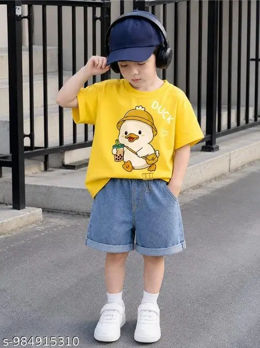 Duck Print Cotton T-Shirt & Denim Shorts Set for Kids (Lemon Yellow, 4-5 Years)