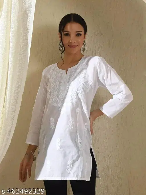 Cotton Chikankari Short Kurti for Women, White (S)