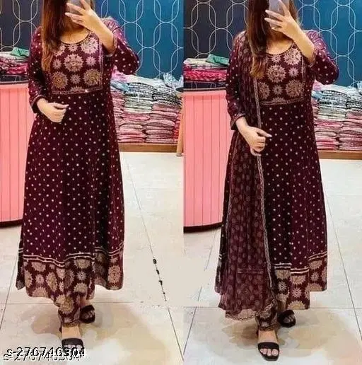 Printed Anarkali Dupatta Set for Women (Purple, S)