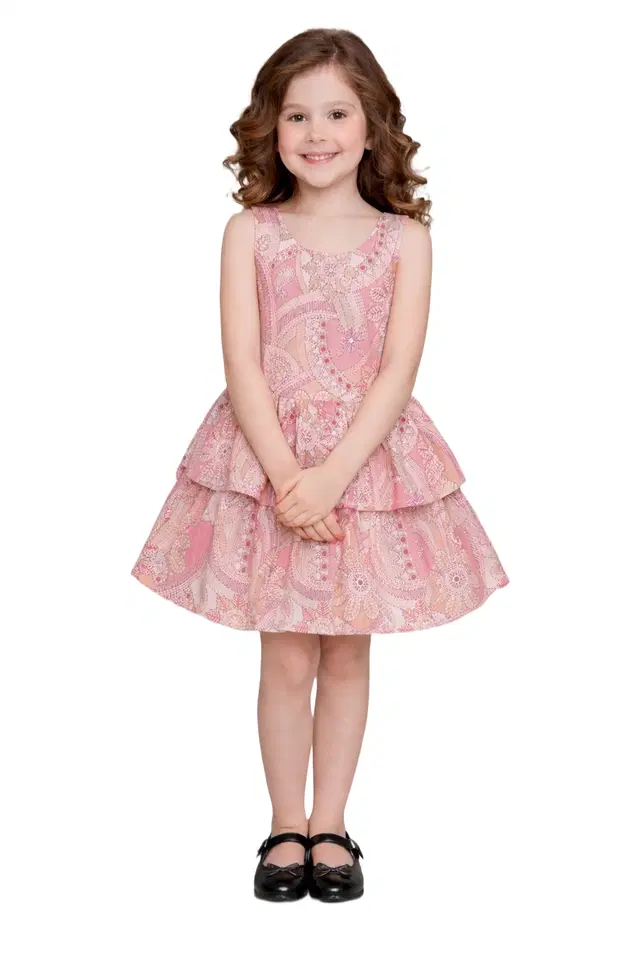 Printed Party Wear Dress for Girls (Multicolor, 3-4 Years)