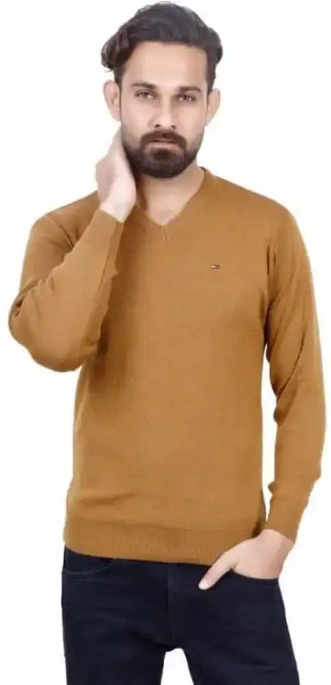 KRYPTAR Men's Solid Round Neck Woolen Sweater (Yellow, S) (KPTR4008)