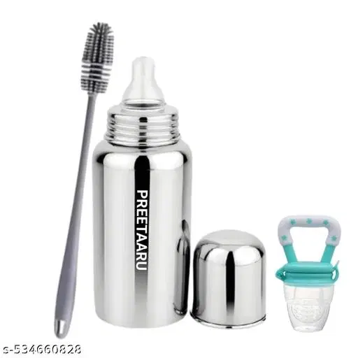 Steel Feeding Bottle, Soft Silicone Fruit Nibbler With Bottle Cleaning Brush