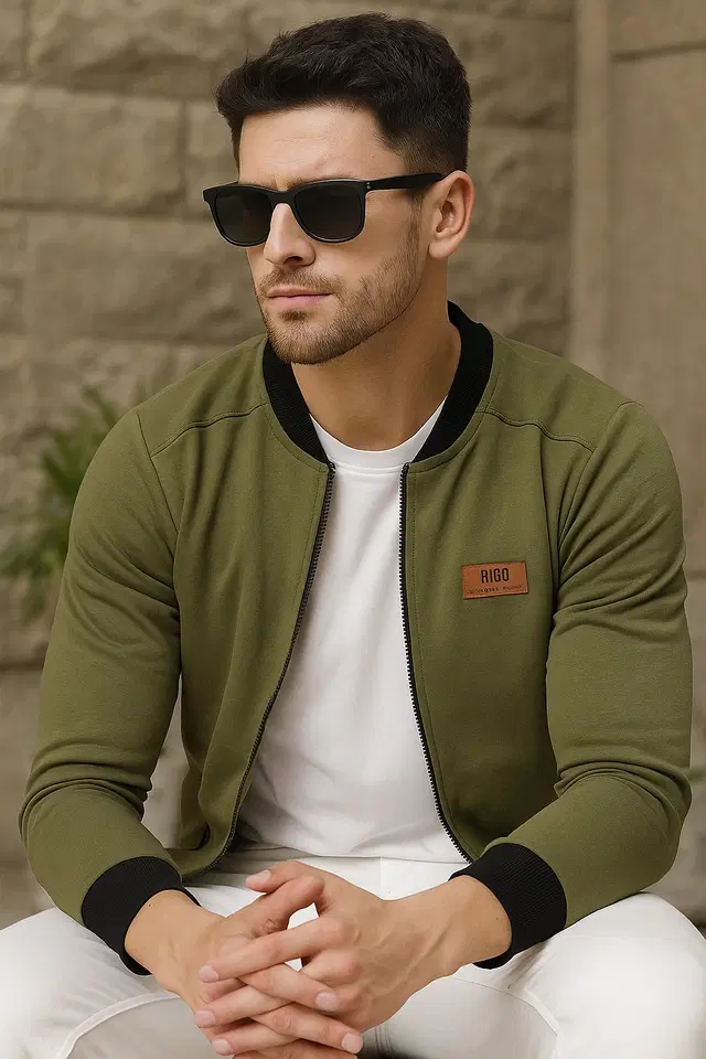 Fleece Solid Sweatshirt For Men, Green & Black (M)